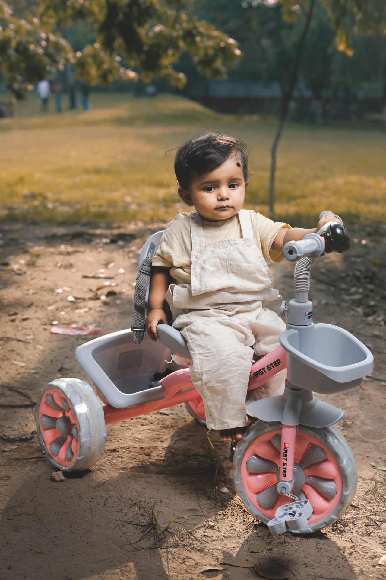 A little boy in dungarees riding a tricycle in a park