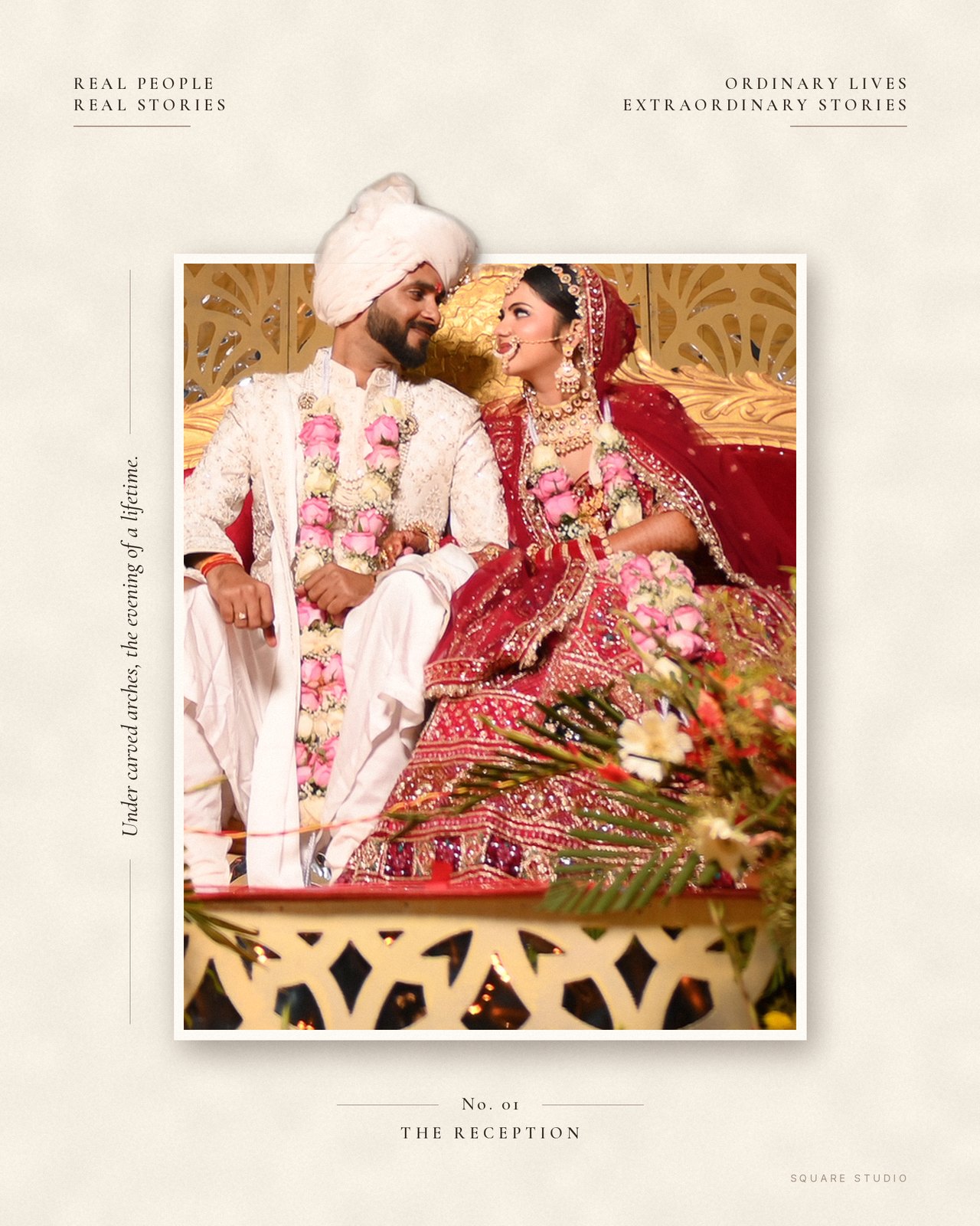 Editorial collage: a bride and groom on their reception stage, the groom's turban rising out of the print