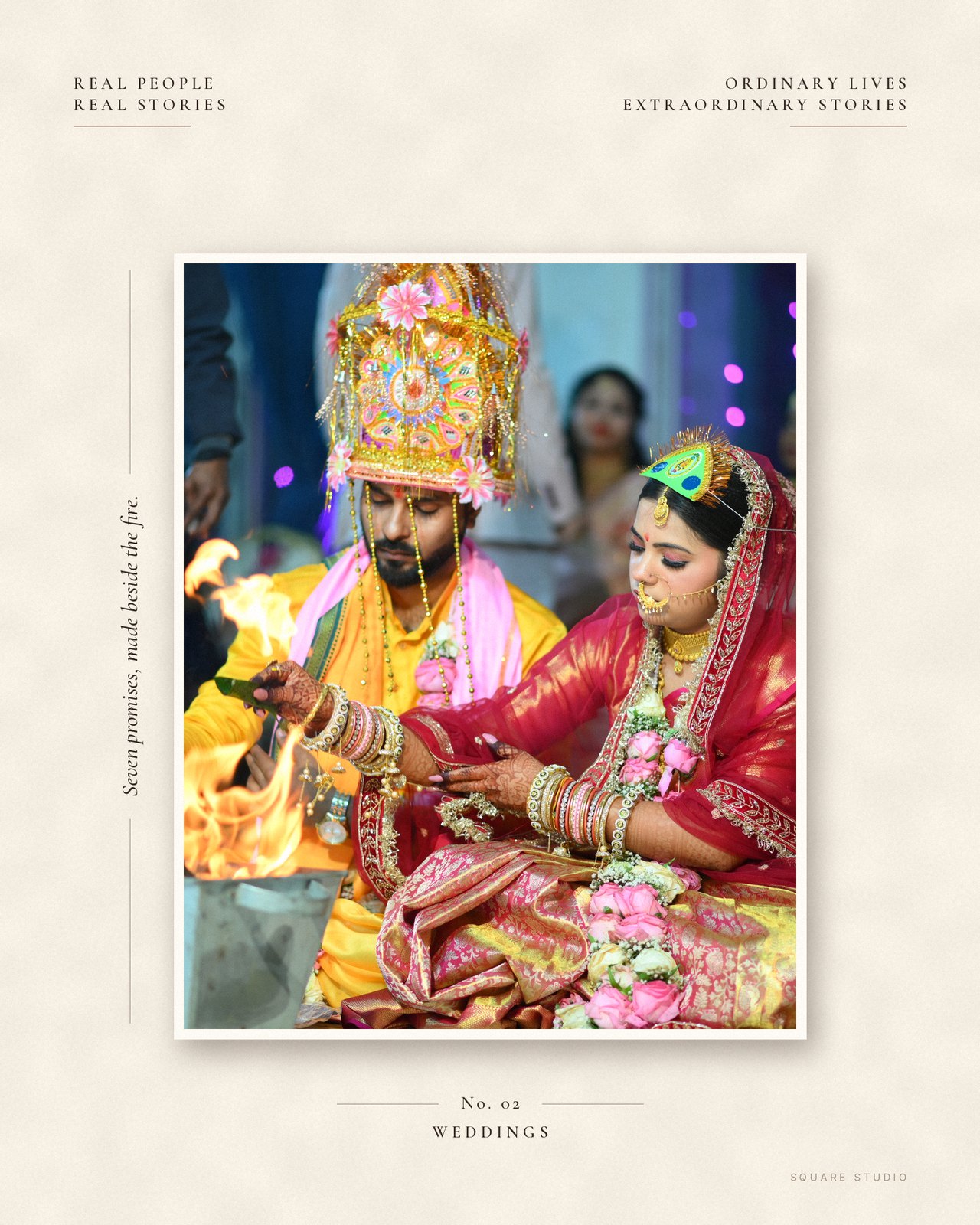 Editorial collage: a bride and groom performing rituals beside the sacred fire