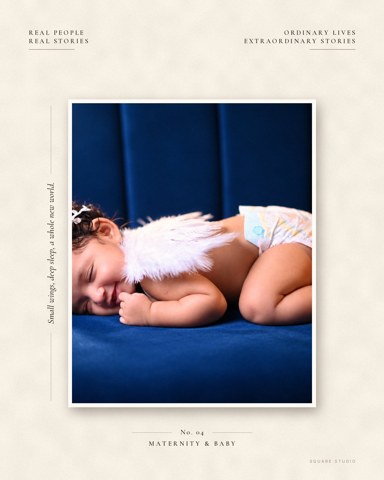 Editorial collage: a newborn with small angel wings asleep on a blue velvet bed