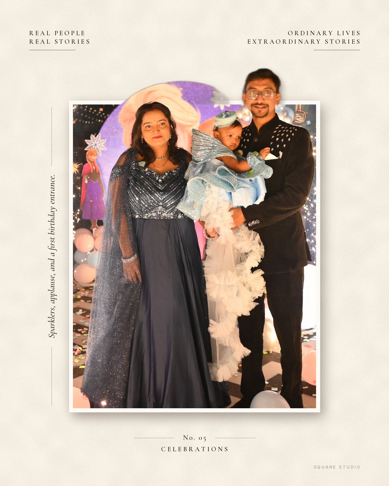 Editorial collage: parents holding their daughter at her first birthday, stepping out of the print