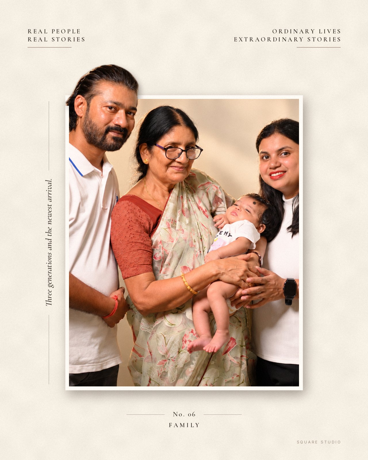 Editorial collage: three generations with a newborn, the father's head rising out of the print