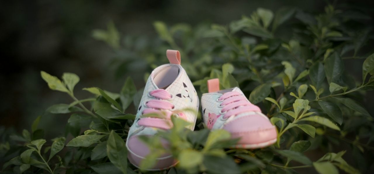A pair of tiny pink baby shoes resting on green leaves